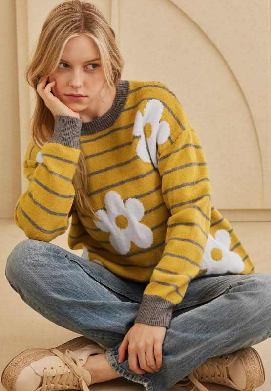 Flower Stripe Round Neck Long Sleeve Sweater - Love Salve